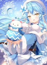 Rule 34 | 1girl, :d, belt, blue bow, blue bowtie, blue hair, blue skirt, blush, bow, bowtie, braid, breasts, breasts squeezed together, center frills, daifuku (yukihana lamy), flower, frills, fur trim, hair flower, hair ornament, hololive, large breasts, light blue hair, lily (flower), looking at viewer, mizuno kurage, nail polish, open mouth, pleated skirt, pointy ears, scarf, skirt, sleeveless, smile, snowflakes, solo, upper body, virtual youtuber, white flower, yellow eyes, yukihana lamy