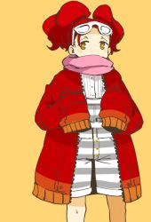 Rule 34 | 1girl, glasses, jacket, long hair, looking at viewer, mota, original, overall shorts, overalls, red hair, scarf, simple background, sleeves past wrists, solo, yellow eyes