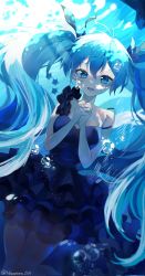 Rule 34 | 1girl, air bubble, aqua eyes, aqua hair, asymmetrical clothes, bare arms, bare shoulders, black dress, blue theme, bubble, caustics, dress, fish, frilled dress, frills, hatsune miku, highres, interlocked fingers, light rays, long hair, niwa (niwaniwa 1227), ocean, own hands clasped, own hands together, shinkai shoujo (vocaloid), solo, submerged, twintails, underwater, very long hair, vocaloid, water