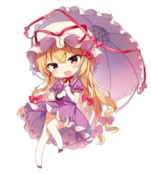 Rule 34 | 1girl, bad id, bad pixiv id, blonde hair, bow, breasts, chibi, choker, commentary request, dress, full body, garter straps, gloves, hair bow, hat, hat ribbon, head tilt, holding, holding umbrella, long hair, looking at viewer, medium breasts, mob cap, open mouth, petticoat, puffy short sleeves, puffy sleeves, purple dress, purple eyes, purple footwear, red bow, red choker, red ribbon, ribbon, ribbon choker, shnva, shoes, short sleeves, simple background, smile, solo, thighhighs, thighs, touhou, umbrella, very long hair, white background, white gloves, white hat, white umbrella, yakumo yukari