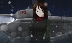 Rule 34 | 1girl, aikir (jml5160), arms at sides, blue eyes, blurry, bokeh, breasts, brown hair, cowboy shot, depth of field, emblem, expressionless, girls und panzer, highres, is-2, large breasts, long hair, looking at viewer, military, military vehicle, motor vehicle, night, nonna (girls und panzer), pravda (emblem), pravda school uniform, school uniform, snow, solo, tank, upper body