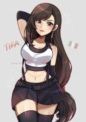 Rule 34 | 1girl, arm up, black hair, black skirt, black thighhighs, breasts, character name, closed mouth, crop top, earrings, final fantasy, final fantasy vii, final fantasy vii remake, grey background, highres, italian flag, jewelry, large breasts, lips, long hair, low-tied long hair, midriff, miniskirt, navel, red eyes, red lips, single earring, skirt, solo, stomach, suspender skirt, suspenders, thighhighs, tifa lockhart, touyarokii, very long hair, zettai ryouiki