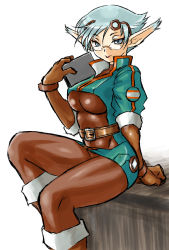 Rule 34 | 1girl, bodystocking, bodysuit, breasts, breath of fire, breath of fire v, dr.p, glasses, gloves, large breasts, pointy ears, short hair, solo, white background, zeno 1/128