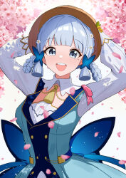 Rule 34 | 1girl, amenocchi, arms up, ayaka (genshin impact), back bow, blue bow, blue dress, blue eyes, blue hair, blunt bangs, bow, braid, breasts, brown headwear, butterfly hair ornament, cherry blossoms, collar, commentary request, dress, facing viewer, flower, genshin impact, hair flower, hair ornament, hair up, hands on headwear, highres, kamisato ayaka, kamisato ayaka (springbloom missive), light blue hair, long sleeves, medium breasts, mole, mole under eye, official alternate costume, official alternate hairstyle, open mouth, smile, solo, teeth, upper body, upper teeth only, white collar, white flower