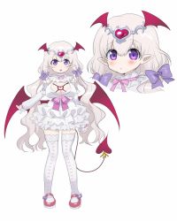 Rule 34 | 1girl, :o, bow, breasts, cleavage, close-up, demon girl, demon tail, detached collar, detached sleeves, dress, footwear bow, grey hair, hair bow, head wings, heart-shaped ornament, highres, kakizato, large breasts, mary janes, original, pointy ears, purple bow, purple eyes, red footwear, shoes, short dress, simple background, tail, thighhighs, tiara, white background, white dress, white thighhighs, wings