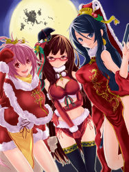 Rule 34 | 3girls, bare shoulders, black hair, black legwear, blue eyes, blush, breasts, brown eyes, brown hair, cai wenji, china dress, chinese clothes, christmas, cleavage, dress, earrings, elbow gloves, full moon, glasses, gloves, hair ornament, hat, highres, jewelry, large breasts, looking at viewer, mittens, moon, multiple girls, night, oui, pink eyes, pink hair, reindeer, sangokushi taisen, santa costume, side slit, smile, suzu (greed-cube), thighhighs, xin xianying, zettai ryouiki