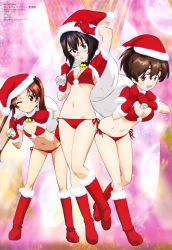 Rule 34 | 10s, 3girls, :d, :o, ;), absurdres, bell, bikini, black eyes, black hair, blush, boots, bow, breasts, brown eyes, brown hair, capelet, carrying, christmas, cleavage, closed mouth, collar, flat chest, full body, fur trim, girls und panzer, gloves, groin, hair bow, hair ribbon, hand on headwear, hand on own hip, hat, highres, kadotani anzu, kawashima momo, knee boots, koyama yuzu, leaning forward, long hair, looking at viewer, mc axis, medium breasts, midriff, monocle, multiple girls, navel, neck bell, official art, one eye closed, open mouth, over shoulder, parted lips, red bikini, red footwear, red gloves, red hair, red hat, ribbon, sack, santa costume, santa hat, scan, semi-rimless eyewear, short hair, short ponytail, side-tie bikini bottom, small breasts, smile, sparkle, standing, standing on one leg, sugimoto isao, swimsuit, thong, thong bikini, twintails, under-rim eyewear, wide hips
