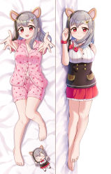 Rule 34 | 1girl, :d, animal ears, barefoot, bed sheet, black hair, blush, bracelet, breasts, closed mouth, dakimakura (medium), extra ears, grey hair, hamster ears, heart, heart print, highres, indie virtual youtuber, jewelry, kirara mimi, lilium443, looking at viewer, lying, multicolored hair, multiple views, on back, on side, open mouth, outstretched arms, pajamas, pillow, red eyes, red skirt, shirt, skirt, smile, streaked hair, toes, virtual youtuber, white shirt