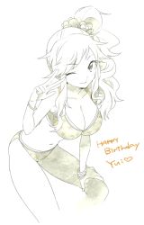 Rule 34 | 10s, 1girl, breasts, cleavage, happy birthday, hinabu, idolmaster, idolmaster cinderella girls, large breasts, long hair, looking at viewer, monochrome, ohtsuki yui, one eye closed, simple background, smile, solo, white background, wink