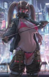 Rule 34 | 1girl, absurdres, bikini, breasts, brown hair, cleavage, cyberpunk, cyberpunk (series), cyberpunk 2077, free style (yohan1754), gas mask, highres, holding, holding sword, holding weapon, horns, jacket, large breasts, long hair, looking at viewer, mask, navel, neon lights, oni horns, open clothes, open jacket, original, pink bikini, red eyes, science fiction, shiny skin, skindentation, solo, standing, swimsuit, sword, twintails, underboob, weapon