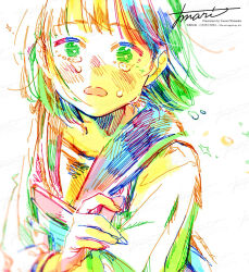 Rule 34 | 1girl, artist name, blush, book, colorful, crying, crying with eyes open, hand up, hatching (texture), highres, holding, holding book, long sleeves, looking at viewer, medium hair, open mouth, original, sailor collar, sailor shirt, school uniform, serafuku, shirt, signature, solo, tears, upper body, watanabe tomari, watermark, white background