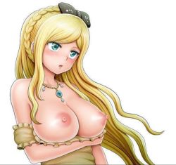 Rule 34 | 1girl, arm under breasts, black bow, blonde hair, blue eyes, blue gemstone, bow, braid, breasts, breasts out, cleavage, danganronpa (series), danganronpa 2: goodbye despair, dress, ears, female focus, gem, gold necklace, grabbing own breast, hair bow, hair ornament, holding, jewelry, large breasts, necklace, nipples, open mouth, parted bangs, simple background, sonia nevermind, upper body, white background, yellow dress