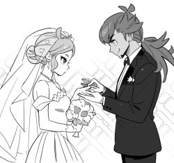 Rule 34 | 1boy, 1girl, alternate costume, bare shoulders, bouquet, bow, bowtie, bridal veil, cowboy shot, creatures (company), dede (qwea 00000), dress, earrings, facial hair, flower, from side, game freak, greyscale, groom, hetero, jewelry, leon (pokemon), looking at another, monochrome, necklace, nintendo, pokemon, pokemon swsh, ponytail, ring, smile, sonia (pokemon), source request, veil, wedding dress, wedding ring