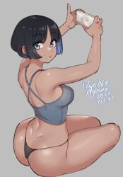 Rule 34 | 1girl, :o, agawa ryou, arms up, artist name, ass, black hair, black panties, blue eyes, blue hair, breasts, cellphone, colored inner hair, commentary, crop top, dark-skinned female, dark skin, dated, dimples of venus, earrings, english commentary, grey background, grey shirt, holding, holding phone, jewelry, looking back, median furrow, medium breasts, multicolored hair, no pants, original, outstretched arms, panties, pants, parted lips, phone, selfie, shirt, short hair, simple background, sitting, smartphone, solo, thighs, thong, turning head, two-tone hair, underwear
