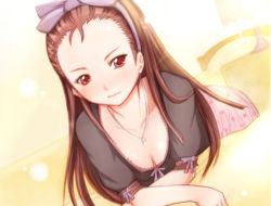Rule 34 | 00s, 1girl, blush, bow, breasts, brown hair, cleavage, downblouse, dutch angle, fang, hair bow, idolmaster, idolmaster (classic), indoors, jewelry, long hair, looking at viewer, lying, minase iori, necklace, on stomach, red eyes, shiina you (tomoshibi), small breasts, solo