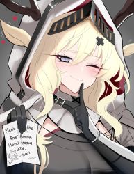 Rule 34 | 1girl, absurdres, animal ears, antlers, arknights, black gloves, blonde hair, blue eyes, blush, breasts, closed mouth, elbow gloves, english text, finger to mouth, gloves, heart, highres, holding, holding paper, horns, index finger raised, large breasts, long hair, looking at viewer, one eye closed, paper, sally (luna-arts), smile, solo, upper body, viviana (arknights), wavy mouth