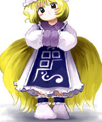 Rule 34 | 1girl, absurdres, blonde hair, blue tabard, blush stickers, dress, fox tail, frills, hands in opposite sleeves, head tilt, highres, long sleeves, looking at viewer, medium hair, multiple tails, own hands together, simple background, socks, solo, standing, straight-on, tabard, tail, touhou, white background, white dress, white socks, yakumo ran, yakumora n, zun (style)