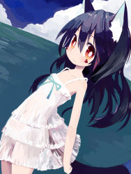 Rule 34 | 1girl, animal ears, bare shoulders, black hair, blush, bright pupils, brown eyes, dress, facepaint, flat chest, highres, long hair, looking at viewer, original, paprika shikiso, see-through, solo, tail, white dress, white pupils