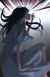 Rule 34 | 1girl, absurdres, arm up, black hair, chromatic aberration, dress, film grain, floating hair, from side, highres, kyano (kyanora3141), long hair, original, red eyes, see-through, see-through dress, solo, spikes, sundress, white dress, wide sleeves
