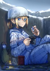 Rule 34 | 1girl, absurdres, blonde hair, blue eyes, breasts, canteen, coffee, cup, dirty, dirty face, drugs, erica (naze1940), expressionless, helmet, highres, jacket, looking at viewer, military, original, pervitin, pill, ponytail, shell casing, sitting, snow, solo, trench, world war ii