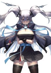 Rule 34 | 1girl, aircraft, azur lane, black dress, black gloves, black thighhighs, blue cloak, blue eyes, breasts, cleavage, cloak, closed mouth, clothes writing, commentary request, commission, cowboy shot, crossed arms, dress, floating hair, gloves, glowing, grey hair, hair between eyes, hair ornament, high collar, highres, intrepid (azur lane), itaco, large breasts, long hair, looking at viewer, mole, mole on breast, partial commentary, short dress, sidelocks, simple background, skeb commission, solo, standing, strap, strapless, strapless dress, taut clothes, taut dress, thighhighs, two side up, very long hair, white background, zettai ryouiki