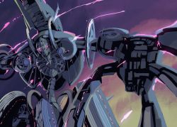 Rule 34 | 1boy, armor, bad id, bad pixiv id, claws, glowing, glowing eye, glowing eyes, grey theme, limited palette, looking at viewer, male focus, metal face (xenoblade), nintendo, no humans, pink theme, purple background, reaching, reaching towards viewer, robot, samidare (hoshi), solo, xenoblade chronicles (series), xenoblade chronicles 1