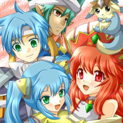 Rule 34 | 2girls, 3boys, ahoge, animal, armor, bandana, bare shoulders, black eyes, blue fur, blue hair, blush, brother and sister, brown eyes, cecilia (hexyz force), cecilia armaclite, closed mouth, crystal, dark-skinned male, dark skin, dress, facing viewer, floating, flying, fur, gem, green eyes, green hair, hair between eyes, hair ornament, hair tie, happy, hat, headband, headgear, hexyz force, ignus (hexyz force), in air, jacket, jewelry, long hair, looking at viewer, looking down, looking to the side, luffina gemini, matching hair/eyes, multicolored fur, multiple boys, multiple girls, open mouth, pointy ears, rafael gemini, ralu (hexyz force), red eyes, red hair, shoulder pads, siblings, smile, spiked hair, sting, tail, tiara, tongue, twins, twintails, upper body, white fur