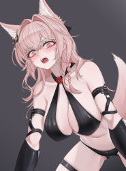 Rule 34 | 1girl, absurdres, animal ears, arknights, arm strap, bikini, black bikini, black gloves, blush, braid, breasts, commentary, gloves, grey background, hair intakes, hair ornament, halterneck, highres, large breasts, long hair, looking at viewer, mildt, navel, open mouth, pink eyes, pink hair, pozyomka (arknights), simple background, solo, stomach, swimsuit, tail, thigh strap, thighs, very long hair, wolf ears, wolf tail