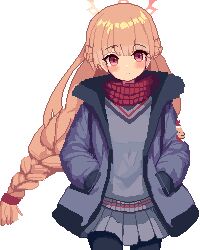Rule 34 | 1girl, black pantyhose, blonde hair, blue archive, blush, braid, closed mouth, cowboy shot, grey jacket, grey skirt, halo, hands in pockets, highres, jacket, long hair, long sleeves, looking at viewer, nodoka (blue archive), open clothes, open jacket, pantyhose, pixel art, pleated skirt, red eyes, red halo, simple background, single braid, skirt, solo, tinia etru, very long hair, white background