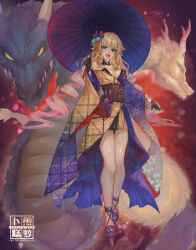 Rule 34 | 1girl, absurdres, alternate costume, alternate hair color, bare legs, blonde hair, blue eyes, dragon, drill hair, floral print, full body, genshin impact, gloves, gradient background, hair ornament, high heels, highres, holding, holding umbrella, japanese clothes, jewelry, kimono, long hair, looking at viewer, multicolored hair, navia (genshin impact), open mouth, radishkek, two-tone hair, two-tone kimono, umbrella, v-shaped eyebrows, very long hair