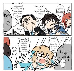 Rule 34 | 2boys, 2girls, 2koma, 2others, anger vein, doodle sensei (blue archive), black hair, blonde hair, blue archive, comic, crossover, detached sleeves, english text, fate/grand order, fate (series), flower, fujimaru ritsuka (female), genshin impact, hair between eyes, hair flower, hair ornament, highres, long sleeves, looking at another, lumine (genshin impact), middle finger, multiple boys, multiple crossover, multiple girls, multiple others, princess connect!, red hair, sensei (blue archive), sesield, short hair, short hair with long locks, sidelocks, sketch, speech bubble, yuuki (princess connect!)