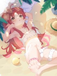 Rule 34 | 1girl, :3, absurdres, apple, arknights, barefoot, beach, bikini, breasts, bridal garter, closed mouth, commentary, eyewear on head, feet, food, frilled bikini, frills, fruit, golden apple, hat, heart, heart-shaped eyewear, highres, kattowu, leg up, long hair, lying, myrtle (arknights), myrtle (summer flowers) (arknights), navel, official alternate costume, on back, paid reward available, pink-tinted eyewear, pointy ears, red hair, sand, small breasts, soles, solo, straw hat, swimsuit, tinted eyewear, toes, tongue, tongue out, two side up, unworn headwear, white bikini, yellow-framed eyewear, yellow eyes