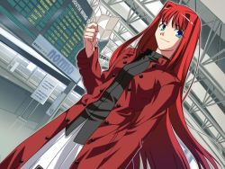 Rule 34 | 1girl, airport, aozaki aoko, black shirt, blue eyes, coat, cowboy shot, dutch angle, eyelashes, game cg, holding, holding paper, long hair, long sleeves, looking to the side, melty blood, official art, open clothes, open coat, outline, paper, red coat, red hair, shiny, shiny hair, shirt, skirt, takeuchi takashi, third-party source, tsukihime, type-moon, white outline, white skirt