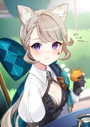 Rule 34 | 1girl, :t, animal ears, blush, bow, breasts, cat ears, cat girl, cat tail, eating, expressionless, facial mark, food, genshin impact, gloves, highres, holding, holding food, juliet sleeves, long hair, long sleeves, looking at viewer, lynette (genshin impact), pantyhose, puffy sleeves, purple eyes, small breasts, solo, star (symbol), star facial mark, tail, tyenka7728