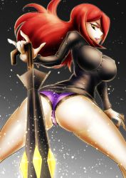 Rule 34 | 1girl, ass, black dress, breasts, covered erect nipples, dress, from behind, hair over one eye, highres, large breasts, leaning, leaning forward, long hair, looking at viewer, looking down, numb, panties, parasoul (skullgirls), parted lips, purple panties, red hair, shiny clothes, shiny skin, short dress, skin tight, skullgirls, solo, umbrella, underwear, yellow eyes