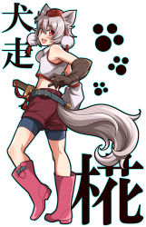 Rule 34 | 1girl, absurdres, alternate costume, animal ears, bare shoulders, belt, bike shorts, blush, boots, character name, detached sleeves, fang, gloves, hat, highres, inubashiri momiji, looking back, open mouth, red eyes, rubber boots, scabbard, sheath, short hair, shorts, silver hair, smile, solo, tail, tokin hat, touhou, uousa-ou, wolf ears, wolf tail