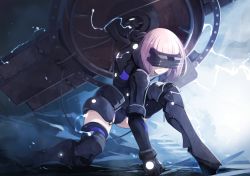 Rule 34 | 1girl, arm support, armor, armored leotard, black armor, black leotard, black thighhighs, commentary request, covered eyes, electricity, facing viewer, fate/grand order, fate (series), head-mounted display, holding, holding shield, leotard, mash kyrielight, mash kyrielight (ortenaus), on one knee, parted lips, pink hair, shield, short hair, solo, superhero landing, thighhighs, yunar