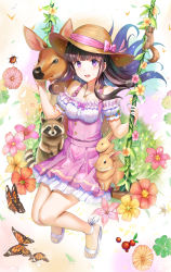 Rule 34 | animal, armband, artist request, blunt bangs, blush, brown hair, bug, butterfly, deer, dress, frilled armband, frills, hat, insect, jewelry, long hair, necklace, plant, purple eyes, rabbit, sitting, smile, solo