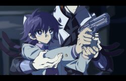 Rule 34 | 2boys, absurdres, black shirt, blue eyes, blue hair, blurry, blurry background, brother and sister, brothers, brown hair, coat, collared shirt, finger on trigger, gun, head out of frame, highres, holding, holding gun, holding weapon, jacket, kaiba mokuba, kaiba seto, male focus, medium hair, multiple boys, pink shirt, shirt, siblings, skmkst, teaching, twitter username, weapon, white coat, white jacket, yu-gi-oh!, yu-gi-oh! the dark side of dimensions
