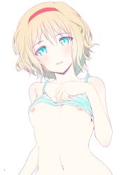 Rule 34 | 1girl, alice margatroid, bare arms, bare shoulders, blonde hair, blue bra, blue eyes, blush, bra, bra lift, breasts, collarbone, commentary request, hair between eyes, hairband, hand up, head tilt, highres, looking at viewer, navel, nipples, nirap, parted lips, red hairband, short hair, simple background, small breasts, solo, stomach, touhou, underwear, upper body, white background