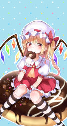 Rule 34 | 1girl, :t, absurdres, ascot, between legs, blonde hair, blue background, blush, chocolate doughnut, doughnut, flandre scarlet, food, hair between eyes, hand between legs, hat, hat ribbon, highres, kneehighs, looking at viewer, mob cap, outline, oversized food, oversized object, polka dot, polka dot background, puffy short sleeves, puffy sleeves, red eyes, red skirt, red vest, ribbon, satori (kxdm8872), shirt, short hair, short sleeves, side ponytail, sitting, skirt, skirt set, smile, socks, solo, striped clothes, striped socks, touhou, vest, white hat, white shirt, wings, wrist cuffs, yellow ascot