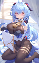 Rule 34 | 1girl, absurdres, ahoge, bell, black gloves, black leotard, blue hair, blush, breasts, closed mouth, clothes lift, curtains, detached sleeves, ganyu (genshin impact), genshin impact, gloves, goat horns, heart, heart-shaped pupils, highres, horns, kuroida, large breasts, leotard, lifted by self, long hair, looking at viewer, low ponytail, neck bell, pantyhose, pelvic curtain, pelvic curtain lift, purple eyes, sitting, smile, solo, symbol-shaped pupils, thighlet, very long hair, wavy hair, window, window blinds, yokozuwari