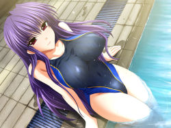 Rule 34 | 1girl, akizuki azusa, boin shimai no kojin jugyou, breasts, competition swimsuit, dutch angle, from above, game cg, large breasts, light smile, long hair, looking at viewer, non-web source, one-piece swimsuit, partially submerged, pool, poolside, purple hair, red eyes, shinano yura, single vertical stripe, sitting, skin tight, soaking feet, solo, swimsuit, wallpaper, wet