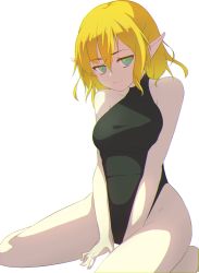 Rule 34 | 1girl, absurdres, alternate costume, bad id, bad pixiv id, bare shoulders, blonde hair, bodysuit, chromatic aberration, collarbone, green eyes, hands between legs, heattech leotard, highres, leotard, looking at viewer, mizuhashi parsee, modo paru, pointy ears, shaded face, short hair, simple background, sitting, smile, solo, thighs, touhou, turtleneck, white background