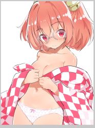 Rule 34 | 1girl, areola slip, bell, blush, bow, bow panties, breasts, caburi, checkered clothes, checkered kimono, cleavage, closed mouth, commentary, glasses, hair bell, hair between eyes, hair ornament, head tilt, highres, japanese clothes, kimono, looking at viewer, motoori kosuzu, panties, print panties, red eyes, red hair, smile, solo, touhou, two side up, underwear, white background, wide sleeves