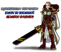 Rule 34 | 1girl, armor, blue eyes, cape, chainsaw, female focus, hand on own hip, huge weapon, military, military uniform, natalia poklonskaya, real life, russian text, serious, simple background, sisters of battle, solo, standing, translated, uniform, warhammer 40k, weapon, white background