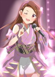 Rule 34 | 1girl, :d, arm strap, asymmetrical sleeves, brown eyes, brown hair, cowboy shot, dars (recolors), floating hair, floral print, hairband, head tilt, holding, holding microphone, idol, idolmaster, idolmaster (classic), index finger raised, japanese clothes, kimono, long hair, looking at viewer, microphone, minase iori, open mouth, pink ribbon, print kimono, purple hairband, purple kimono, ribbon, short shorts, shorts, smile, solo, stage, standing, uneven sleeves, very long hair, white shorts