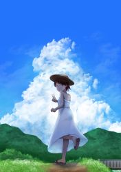 Rule 34 | 1girl, absurdres, blue sky, brown eyes, brown hair, cloud, commentary request, day, dress, from behind, hat, highres, kantai collection, looking at viewer, looking back, mountain, outdoors, ponytail, sandals, shikinami (kancolle), short hair, sky, solo, sun hat, sundress, v, white dress, yonemiya inaho
