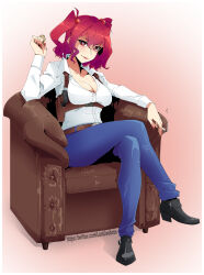 Rule 34 | alternate costume, black footwear, blue pants, breasts, chair, cleavage cutout, clothing cutout, collared shirt, commentary, commission, contemporary, crossed legs, english commentary, full body, hair bobbles, hair ornament, high heels, highres, joeboto, large breasts, long sleeves, looking at viewer, onozuka komachi, pants, pink background, red eyes, shirt, sitting, touhou, twitter username, two side up, white shirt