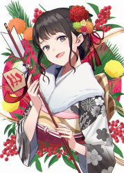 Rule 34 | 1girl, :d, arrow (projectile), bell, black hair, commentary request, cropped torso, ema, floral print, flower, grey eyes, hair flower, hair ornament, hamaya, head tilt, highres, holding, holding arrow, hyuuga azuri, japanese clothes, jingle bell, kimono, long sleeves, looking at viewer, new year, obi, open mouth, original, print kimono, red flower, sash, sidelocks, smile, solo, upper body, white background, wide sleeves